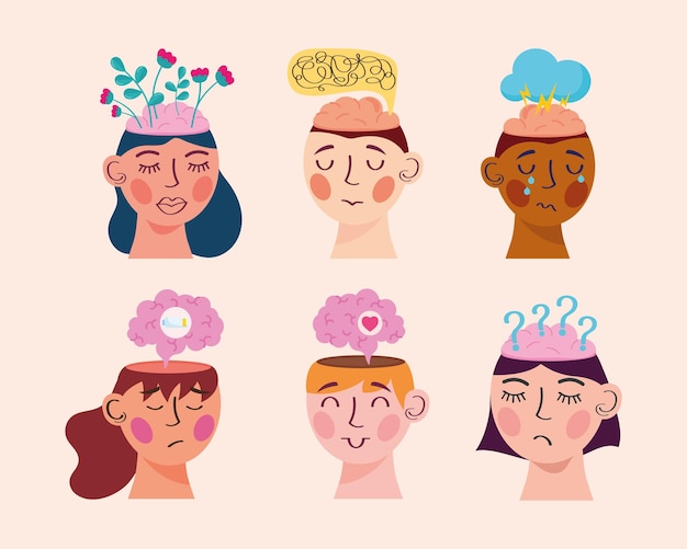 Seis iconos de conjunto de salud mental