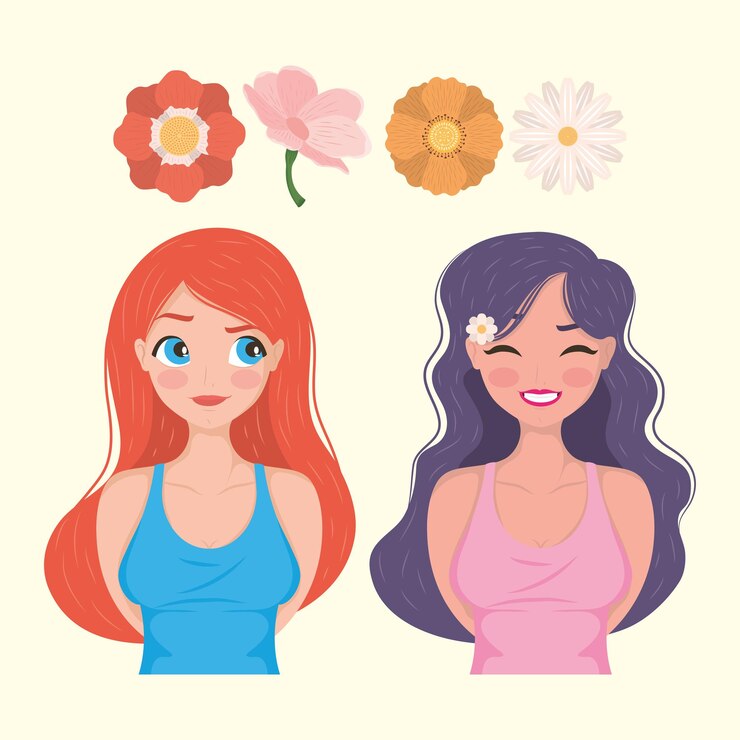 Vector gratuito seis iconos de mujeres y flores