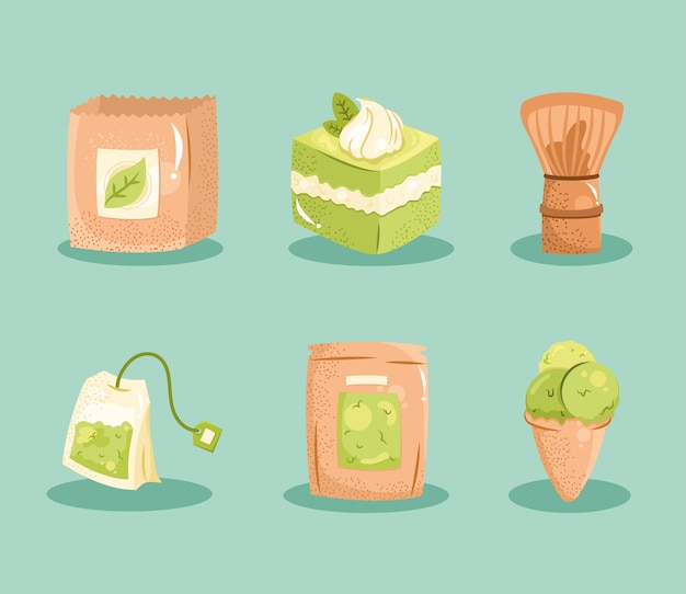 Vector gratuito seis iconos de té matcha