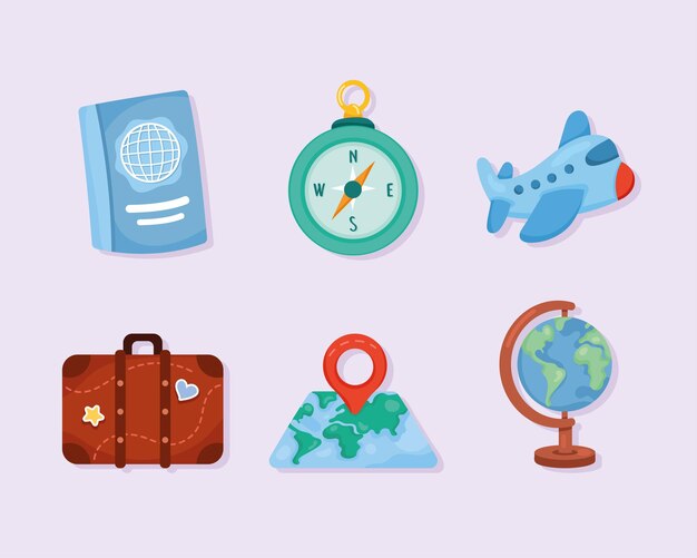 Seis iconos de vacaciones de viaje
