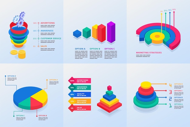 Seis plantillas de infografía para presentaciones de marketing con pirámide de embudo y diagramas circulares multicolores ilustración vectorial isométrica