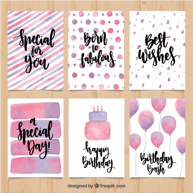 Seis tarjetas de cumpleaños de acuarela de color rosa