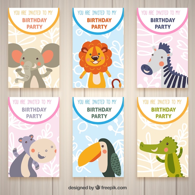 Vector gratuito seis tarjetas de cumpleaños con animales