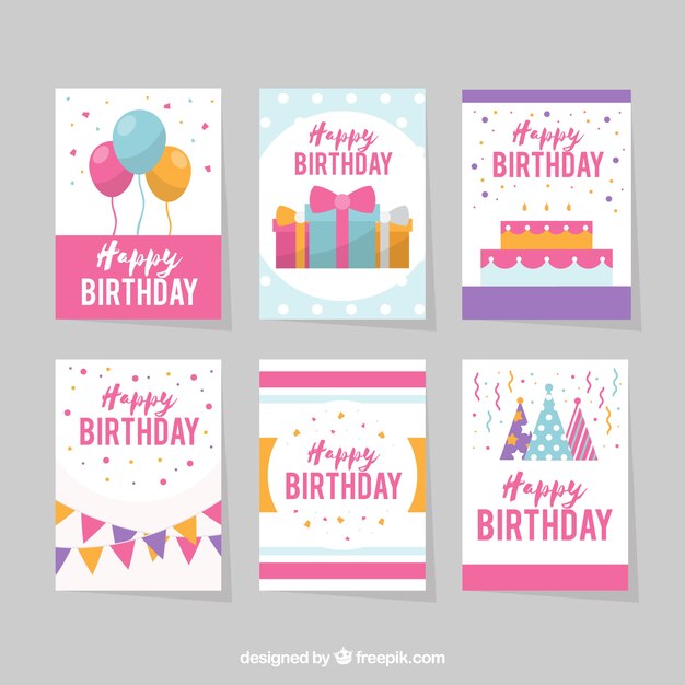 Seis tarjetas de cumpleaños blancas en diseño plano