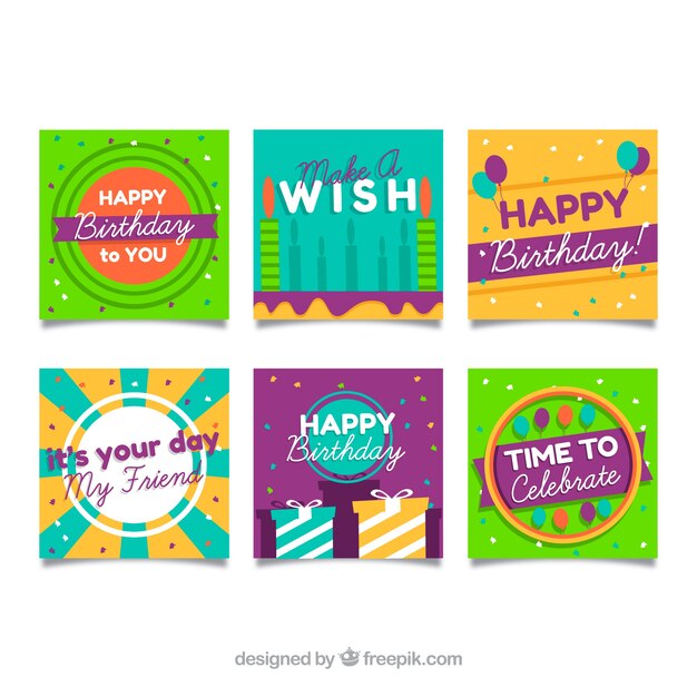 Seis tarjetas de cumpleaños cuadradas en diseño plano