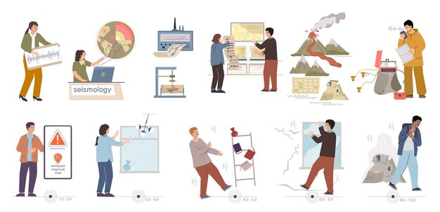 Seismología conjunto plano de personajes científicos que analizan y predicen terremotos trabajando en laboratorio y al aire libre ilustración vectorial aislada