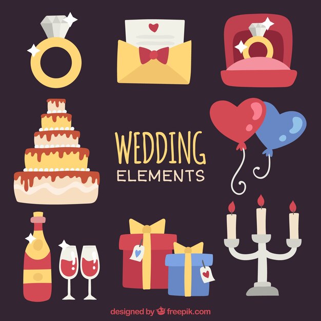 Selección de artículos de boda de colores en diseño plano