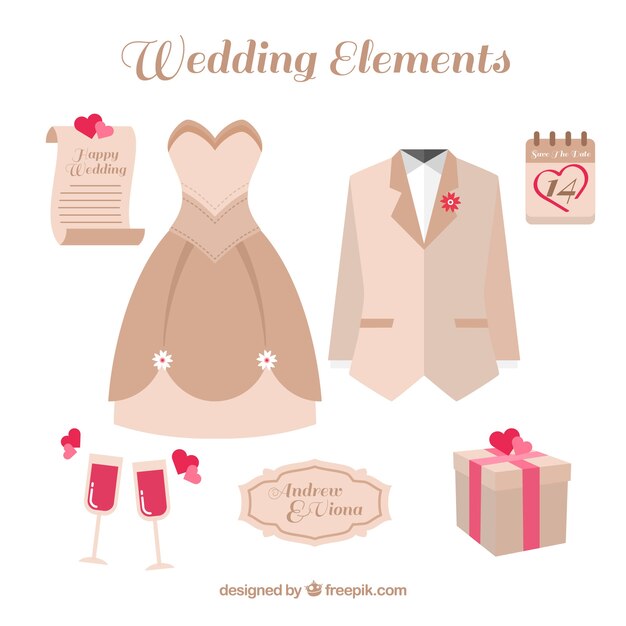 Selección de artículos de boda decorativos con detalles de color