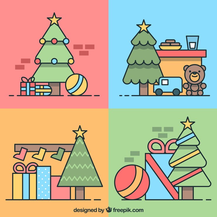 Vector gratuito selección de cuatro árboles de navidad con regalos