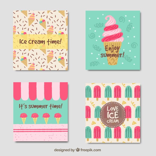 Selección de cuatro tarjetas de helados en diseño plano