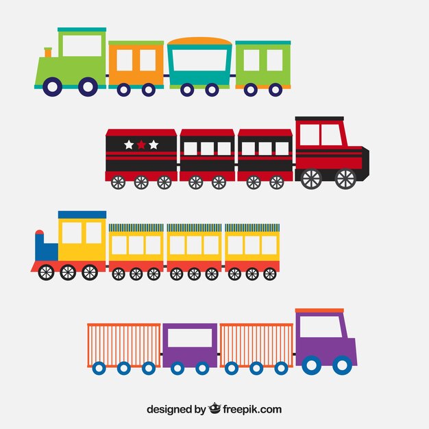 Selección decorativa de trenes de juguete en diseño plano