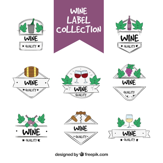 Vector gratuito selección dibujada a mano de etiquetas de vino