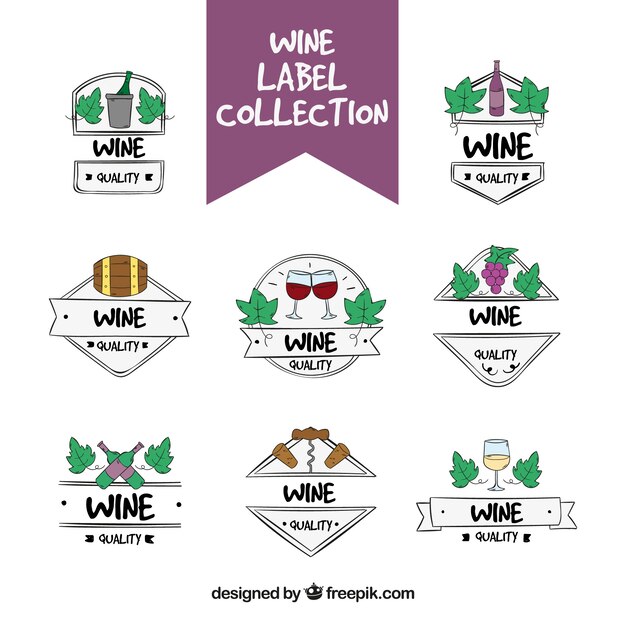 Selección dibujada a mano de etiquetas de vino