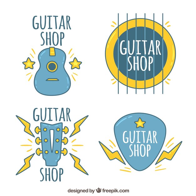 Selección dibujada a mano de logos de guitarra con detalles amarillos