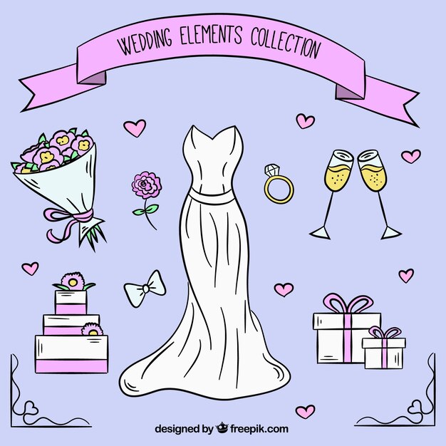 Selección de elementos de boda bonitos dibujados a mano