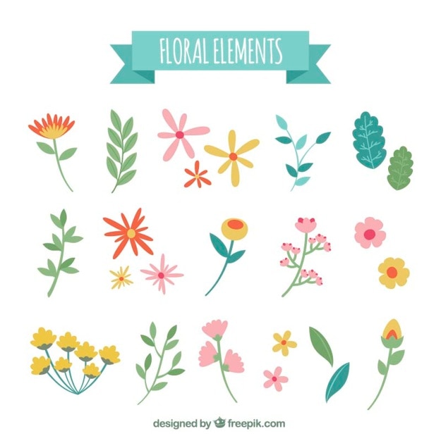 Selección de elementos florales en diseño plano