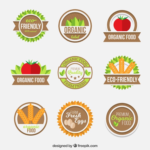 Selección de etiquetas redondas con comida orgánica