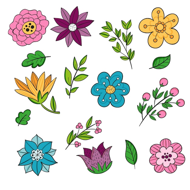 Selección de flores de primavera dibujadas a mano