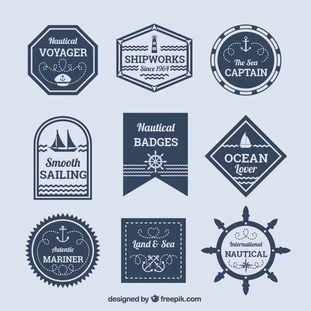 Selección de insignias decorativas náuticas en diseño plano