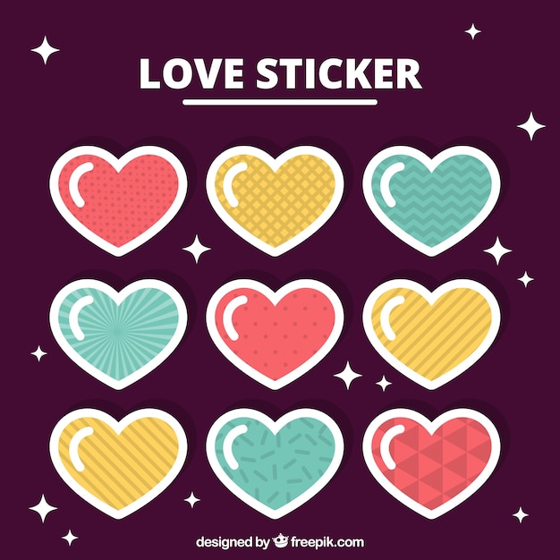 Vector gratuito selección de nueve pegatinas de amor con diferentes diseños
