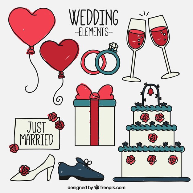 Selección de objetos de boda fantásticos dibujados a mano