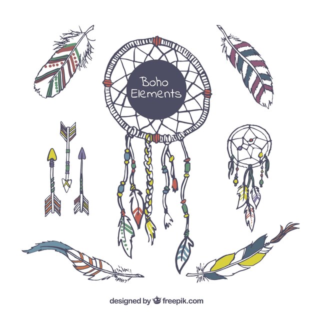 Selección de objetos dibujados a mano en estilo boho