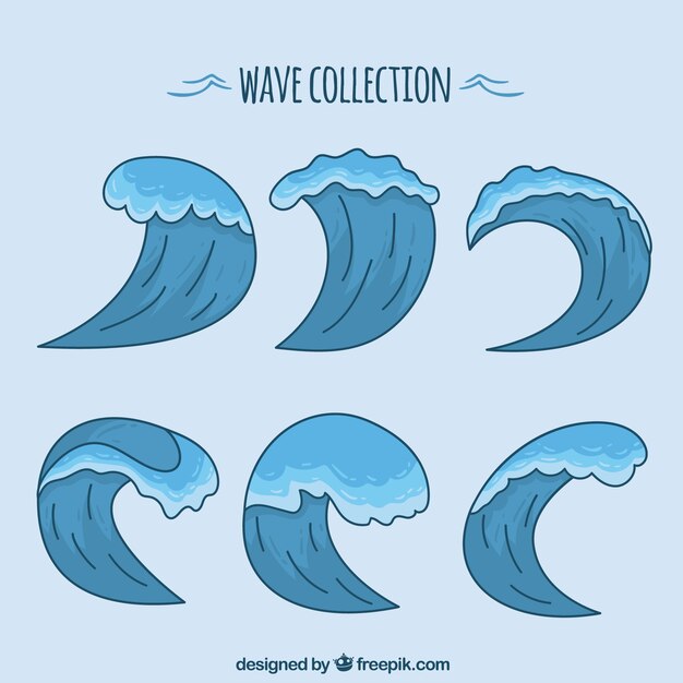 Selección de olas dibujadas a mano en tonos azules