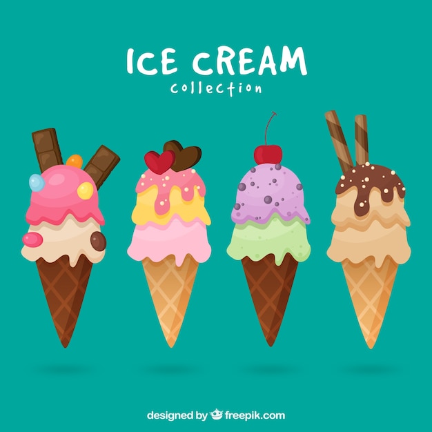Selección plana de cuatro helados de cono apetitosos