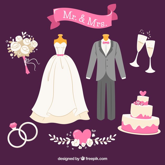 Selección plana de elementos de boda con detalles rosas