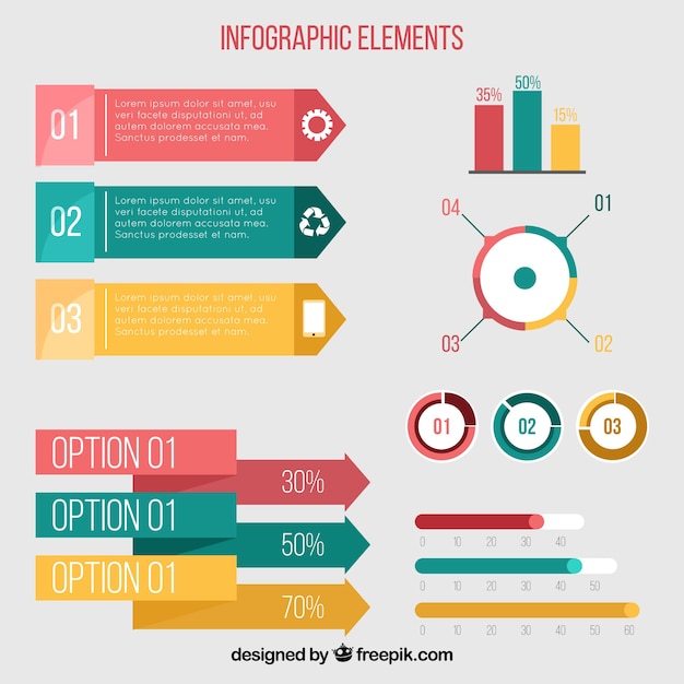 Selección plana de elementos de colores para infografías