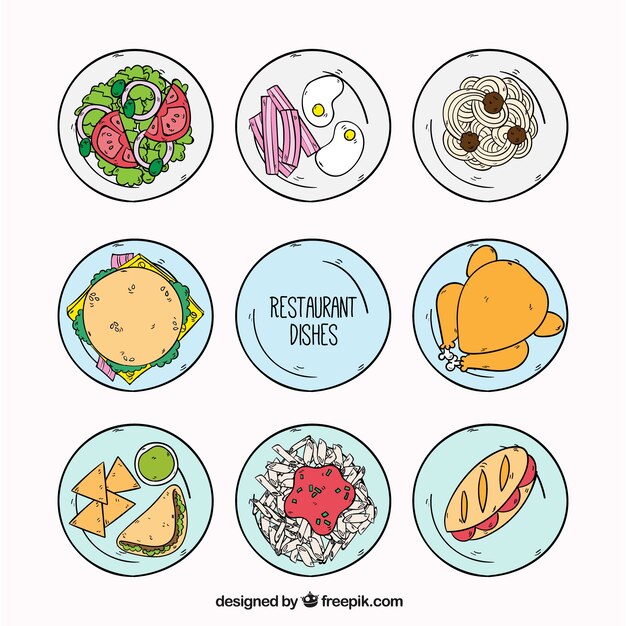 Selección de platos de restaurante, dibujados a mano