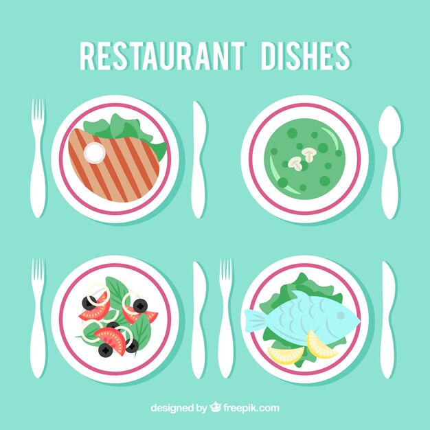 Selección de platos para restaurante, estilo plano