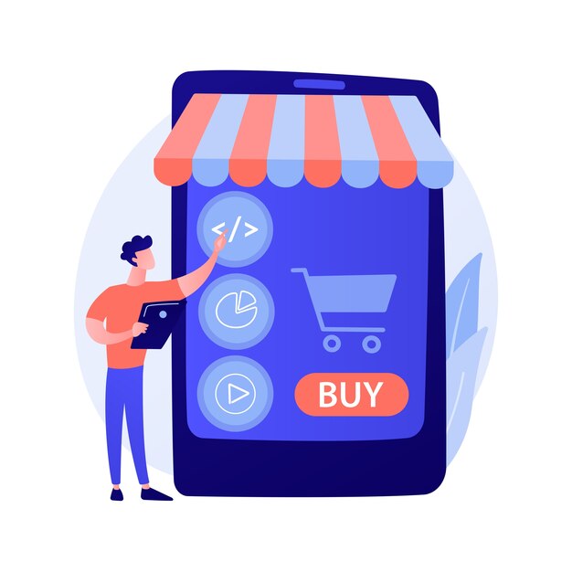 Selección de productos, elección de bienes, poner cosas a la canasta. Supermercado online, centro comercial de internet, catálogo de mercancías. Personaje de dibujos animados de comprador femenino.