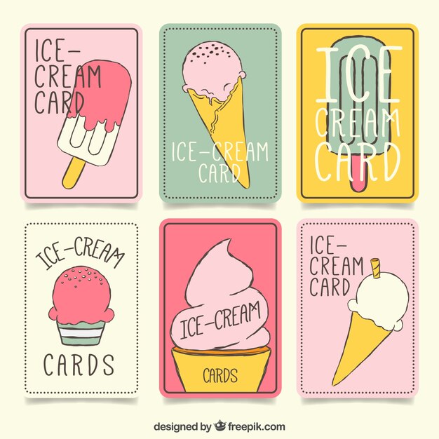 Selección de tarjetas dibujadas a mano con variedad de helados