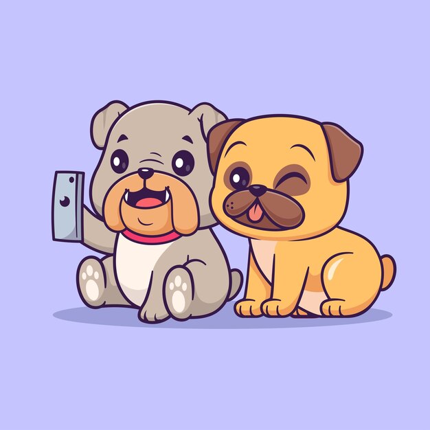 Selfie de Bulldog y Pug con teléfono Ilustración de icono vectorial de dibujos animados Tecnología animal plana