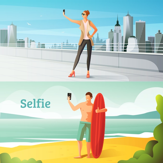 Vector gratuito selfie conjunto de ilustraciones horizontales