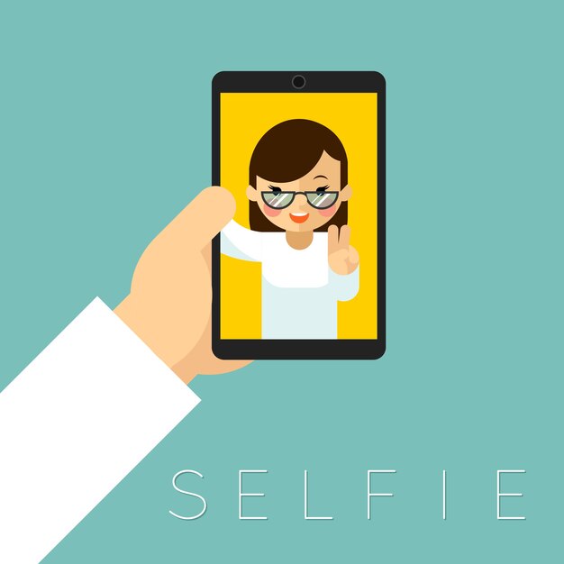 Selfie. Retrato de foto, imagen y smartphone, rostro de mano y mujer.