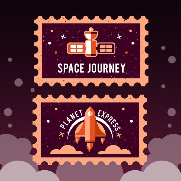 Sello de correos con cohete en el espacio y sello de grunge