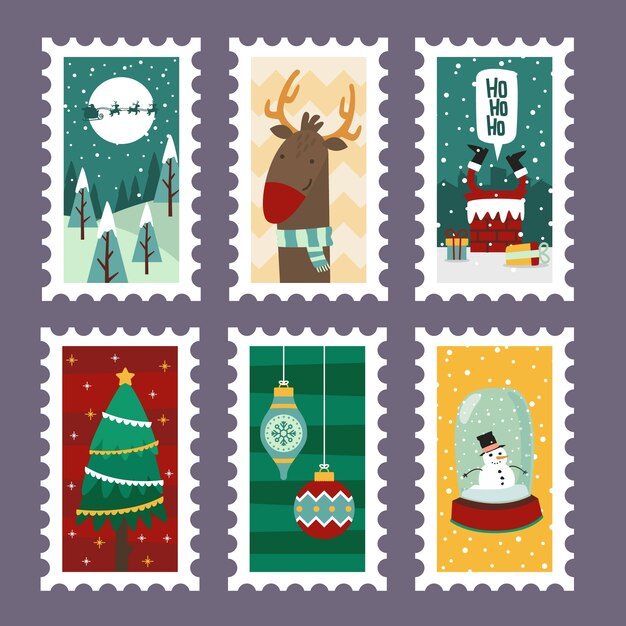 Sellos alegres de Navidad con símbolos de vacaciones en diseño plano