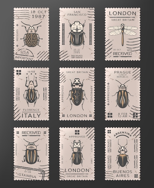 Vector gratuito sellos de insectos de colores vintage con libélula diferentes tipos de insectos y escarabajos aislados