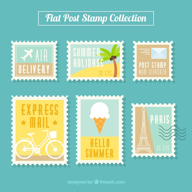Sellos postales de colores en diseño plano