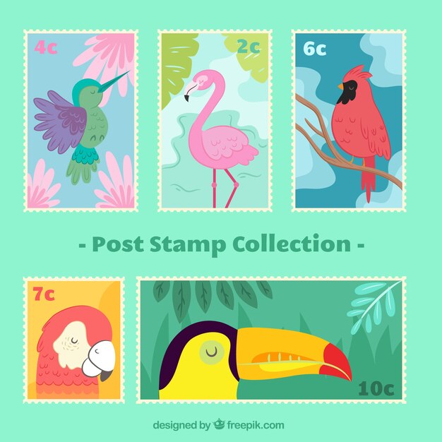 Sellos postales fantásticos con pájaros