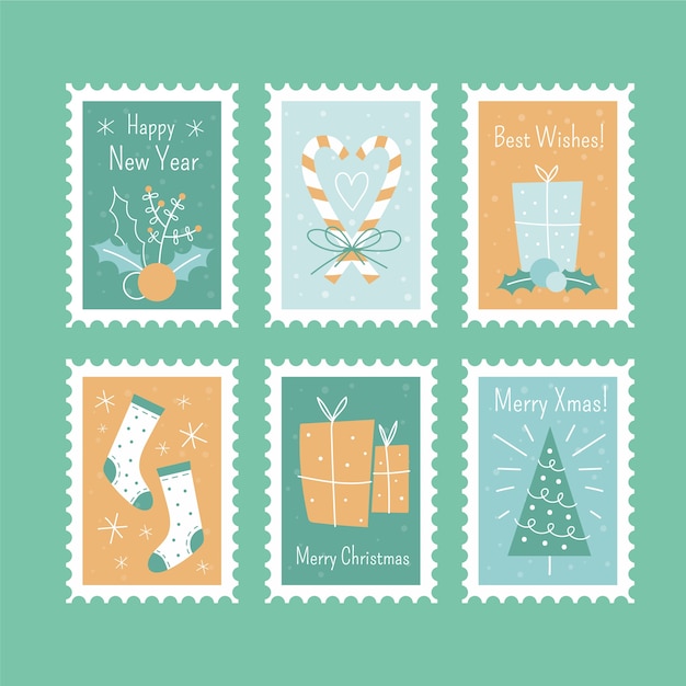 Sellos postales de Navidad conjunto dibujado a mano aislado