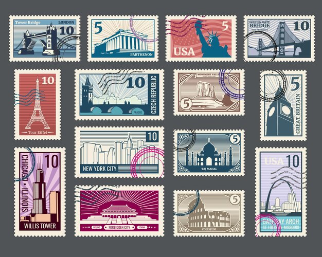 Sellos postales de viaje con arquitectura histórica y monumentos del mundo.