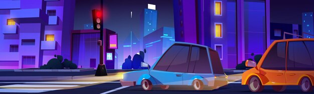 Semáforo rojo del camino de la ciudad de la noche y parada del coche