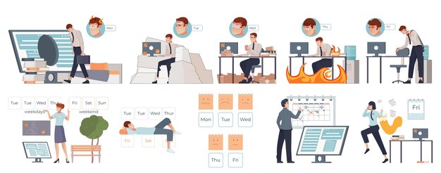 Semana de trabajo conjunto plano de oficinistas cansados y ocupados ilustración vectorial aislado