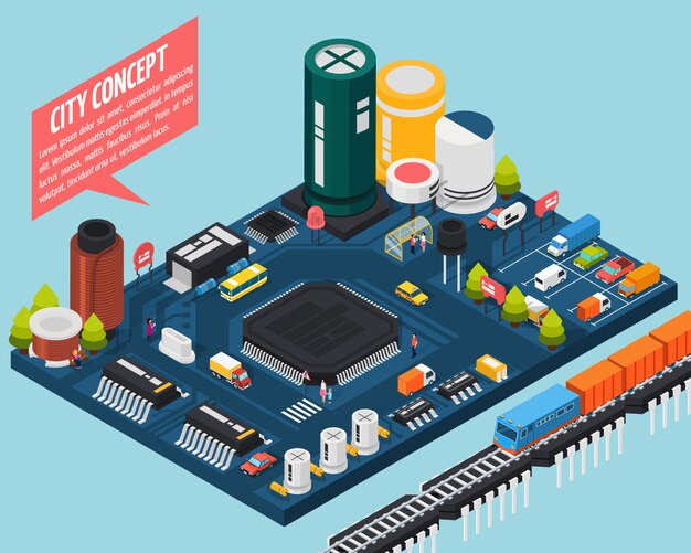 Semiconductor componentes electrónicos concepto de ciudad isométrica