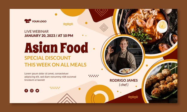 Seminario web de comida asiática de diseño plano