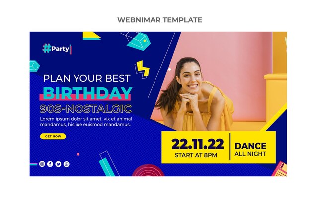 Seminario web de cumpleaños de mosaico plano