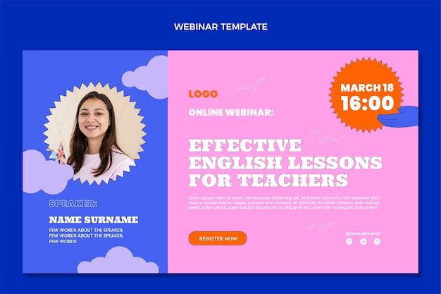 Vector gratuito seminario web de lecciones de inglés de diseño plano dibujado a mano